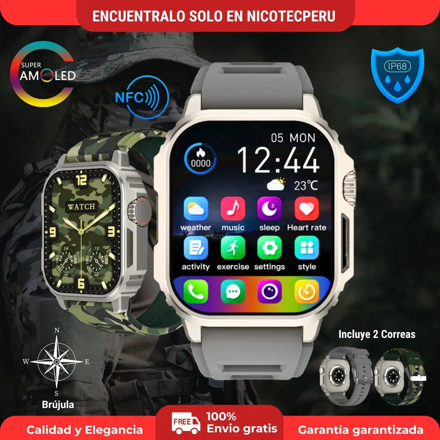 Smartwatch Militar TW11 Bluetooth llamadas NFC brújula GPS NICOTECPERU