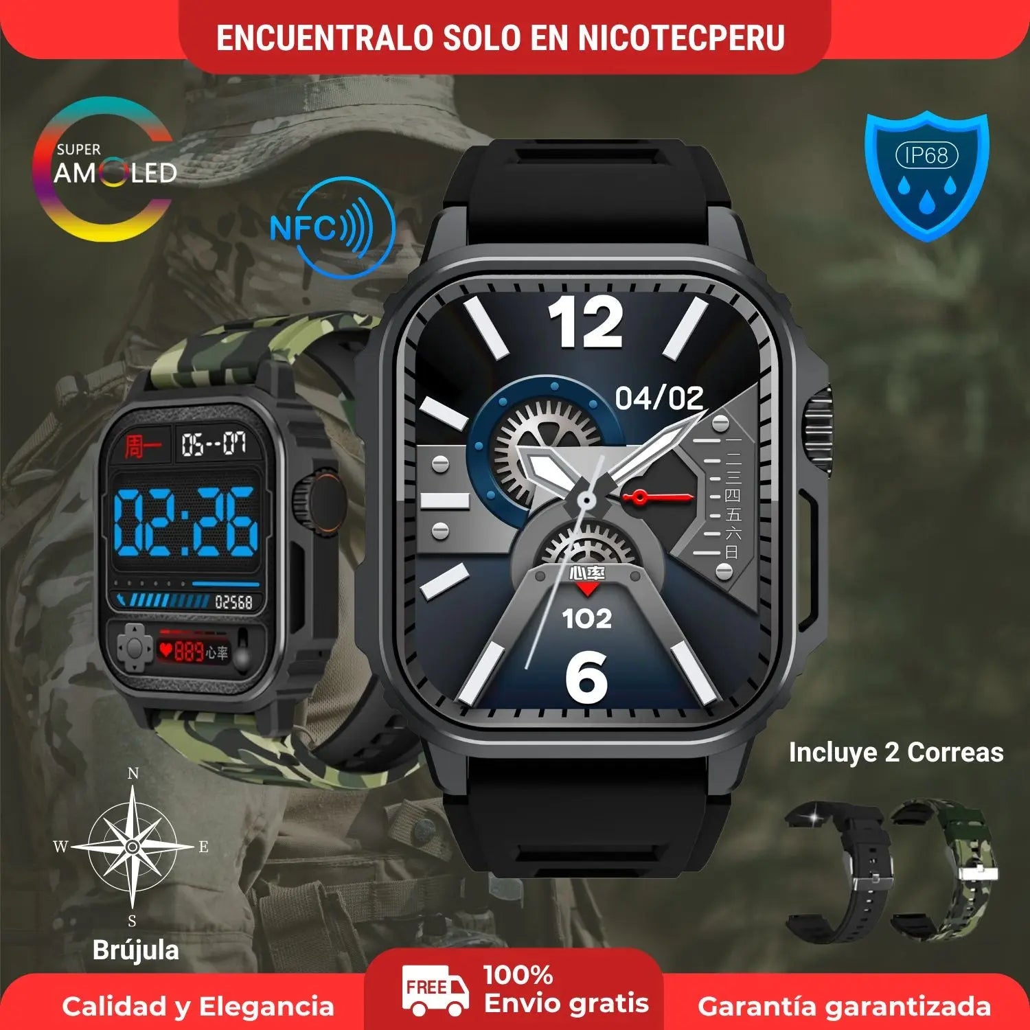 Smartwatch Militar TW11 Bluetooth llamadas NFC brújula GPS NICOTECPERU